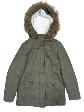 Carhartt Girls Sherpa-Lined Coat Olive Green Faux Fur Hood Size S 8 Winter Jacke